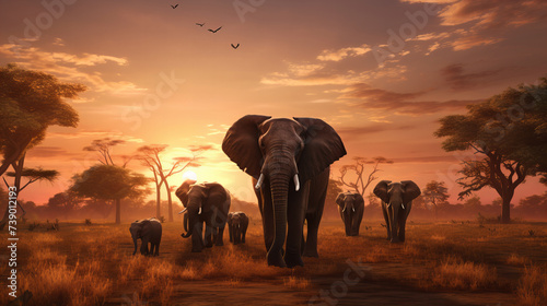 Elephants walking together in the wild at sunset