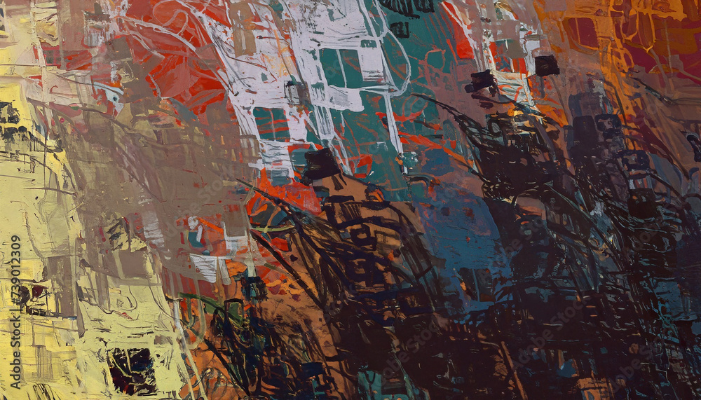 Fototapeta premium Retro style oil drawing. 2d illustration. Texture backdrop painting form. Creative chaos structure element mix matrix material creation bitmap figures. Acrylic.