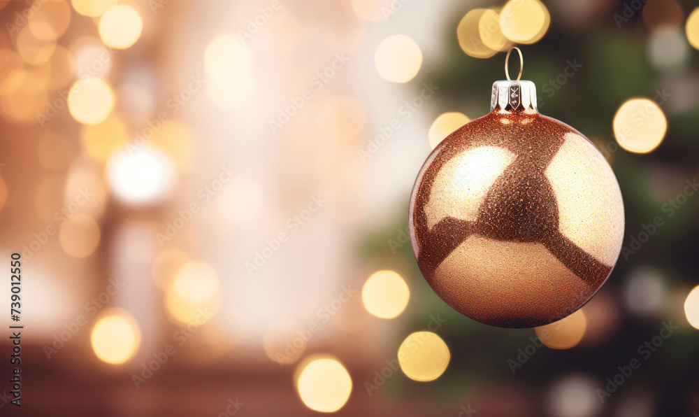 Festive Christmas Decorations: Celebrating the Holiday Season with Bright and Merry Red Baubles on a Golden Tree Branch, against a Shiny Winter Background.