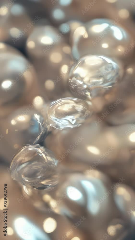 Transparent bubbles float amidst a soft light blur, illuminated by a gentle luminescence. The background is filled with blurred white light spots, with the bubbles gracefully shining within.
