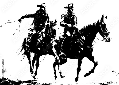A black and white silhouette of two cowboys riding a horse