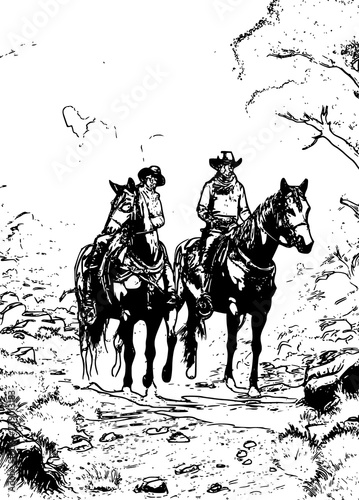 A black and white silhouette of two cowboys riding a horse