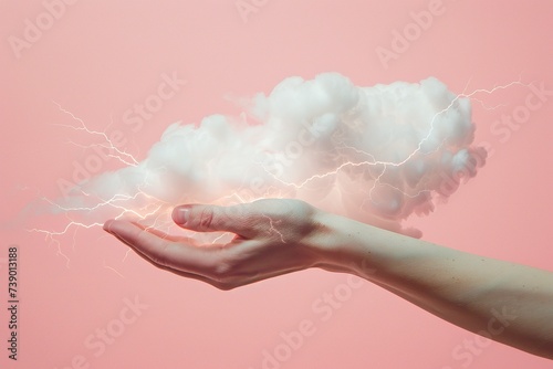 Conceptual illustration of a steady hand holding a stormy cloud in a surreal scene. Hand that symbolizes the duality between calm and storm.