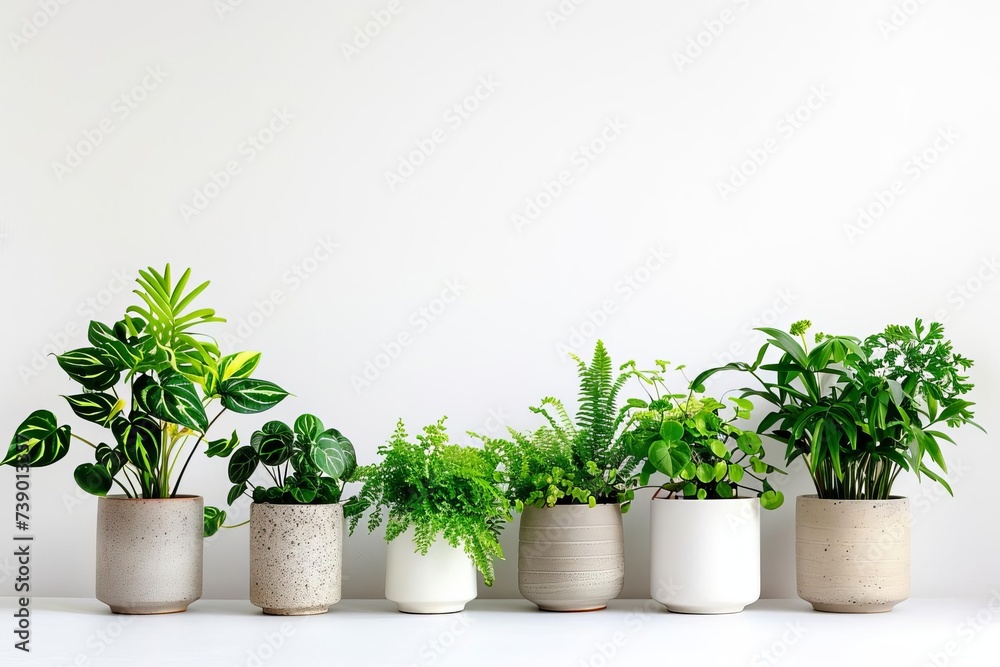 Exotic houseplants collection Vibrant greenery in stylish pots against a minimalist white background Indoor garden concept