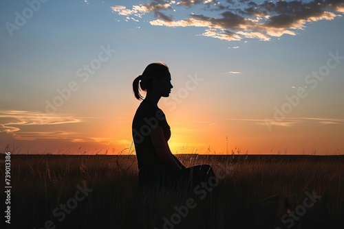 Silhouette of a woman enjoying a tranquil sunset in a vast field Symbolizing peace Freedom And personal fulfillment. perfect for themes of mindfulness Nature And inspirational lifestyle