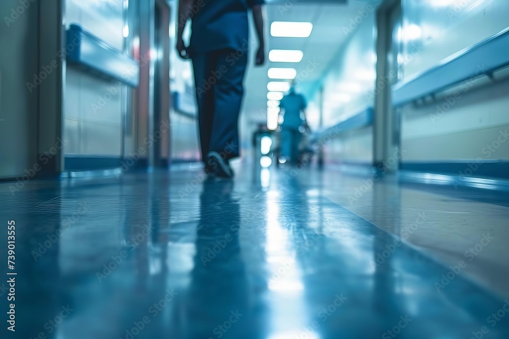 Unfocused view of a hospital corridor Capturing the bustling atmosphere of healthcare in motion - obrazy, fototapety, plakaty 
