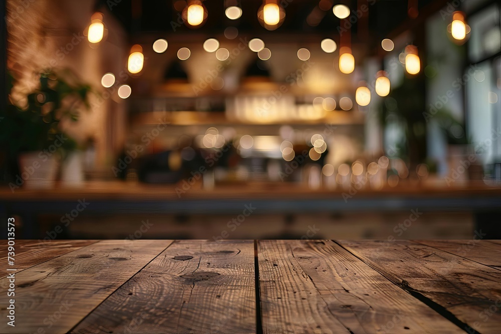 Coffee shop ambiance with a blurred background Featuring an empty wooden table for product displays or creative compositions