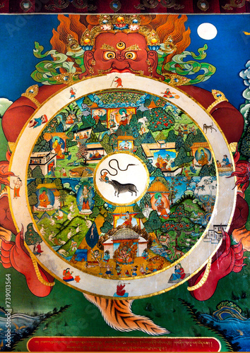 A brightly colored mural dipicting the Tibetan Wheel of Life in Buddhism decorates a wall of Tashi Lhunpo Monastery. photo
