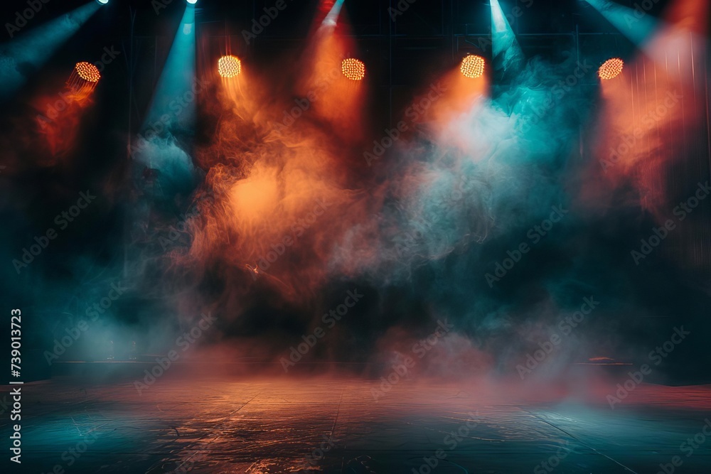 Stage setup with vibrant spotlights and smoke effects Creating an atmospheric setting for concerts Theater productions Or special events
