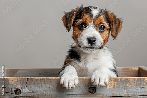 Generative AI : Jack Russell Terrier puppy, 2 months old, getting out of a box in front of white background