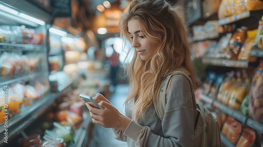 Generative AI : young woman choosing products in market walking along counters taking photos of items using smartphone