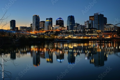 Panoramic view of a city skyline at twilight With lights beginning to twinkle in the buildings Reflecting a vibrant urban life