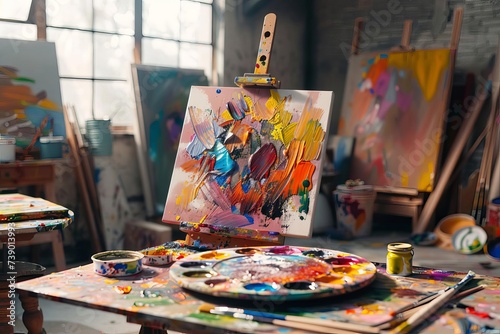 Artist's studio scene with vibrant paint splashes on a palette A canvas in progress And art supplies scattered around Capturing the creative process. © Jelena