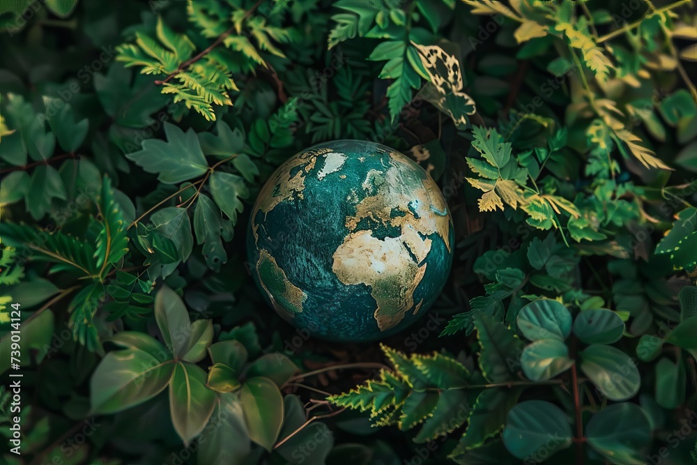 Globe surrounded by lush greenery Representing global environmental awareness and the importance of preserving nature Globe surrounded by lush greenery Representing global environmental awareness and the importance of preserving nature