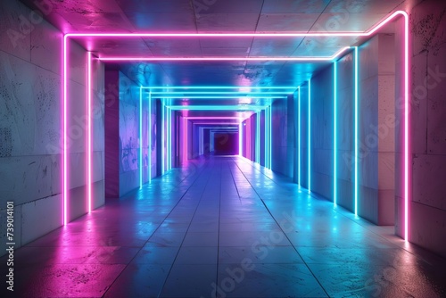 Futuristic neon tunnel with dynamic light effects Creating an immersive experience of speed and technology.
