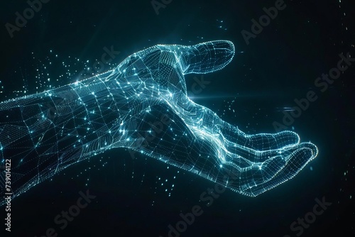Digital hand hologram concept Symbolizing advanced technology and futuristic interfaces Set against a dark background with space for text