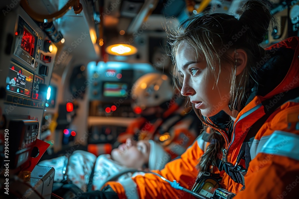 Obraz premium Generative AI : Paramedics monitoring a patient oxygenation status in the EMS van