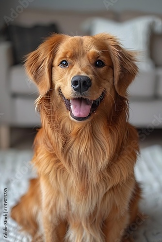 Generative AI : A portrait of a cute Golden Retriever dog sitting on the floor, isolated on white background