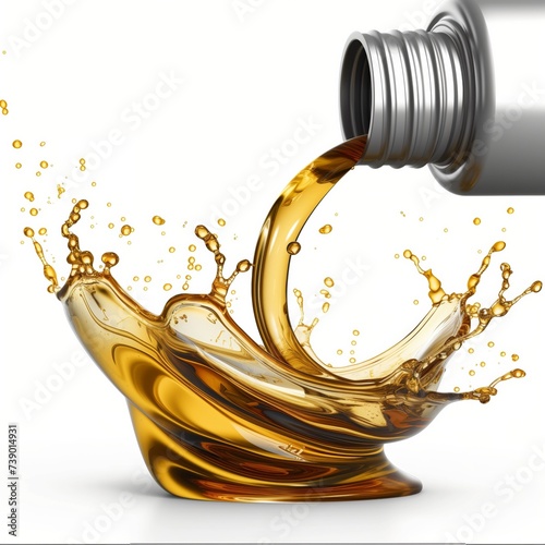 Dynamic motor oil splash from a tilted bottle with vibrant droplets and waves, isolated on a white background with copy space concept for the automotive industry and engine maintenance