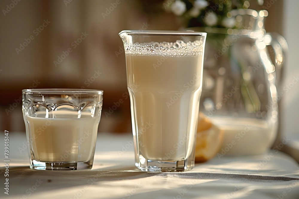 Generative AI : Natural whole milk in a jug and a glass isolated on a white background closeup Generative AI : Natural whole milk in a jug and a glass isolated on a white background closeup