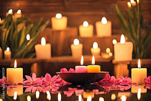 Warm Thai massage scene with aromatherapy candles and hot spring water bath