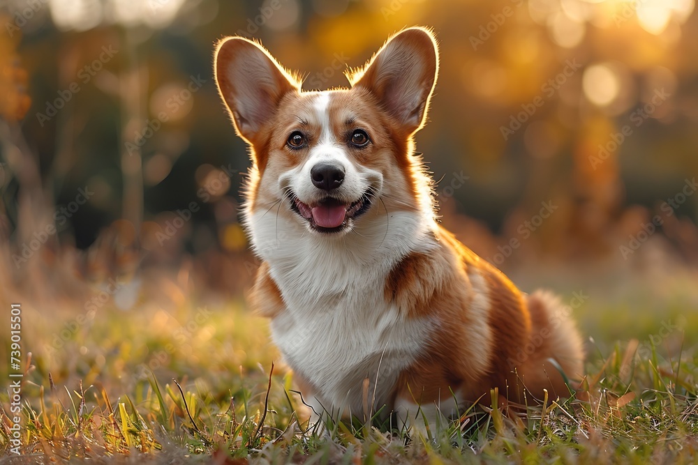 Generative AI : cute puppy Pembroke Welsh Corgi with one ear standing up outdoor in summer park