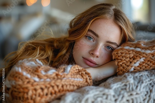 Generative AI : Relaxed serene pretty young woman feel fatigue lounge on comfortable sofa