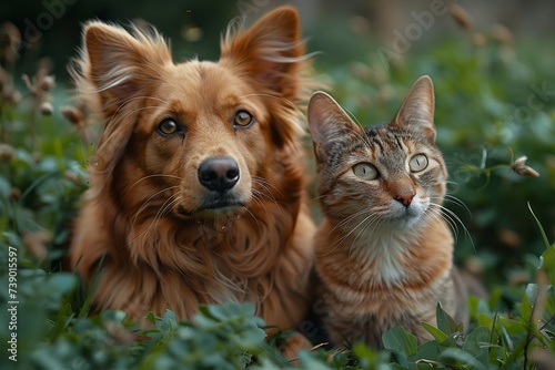 Generative AI : dog and cat on the meadow in nature