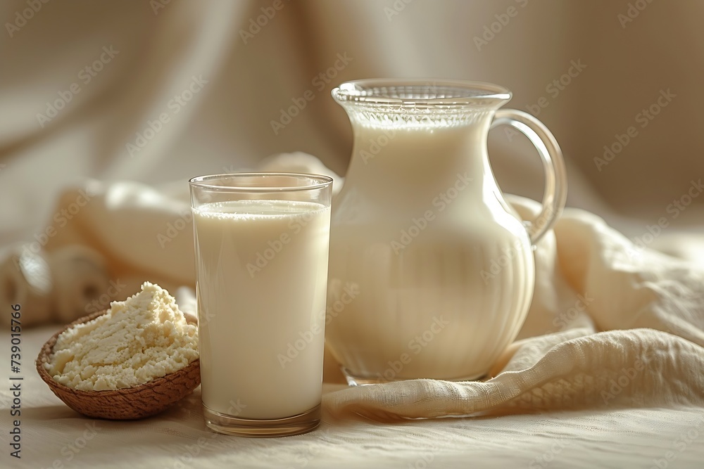 Generative AI : Natural whole milk in a jug and a glass isolated on a white background closeup Generative AI : Natural whole milk in a jug and a glass isolated on a white background closeup