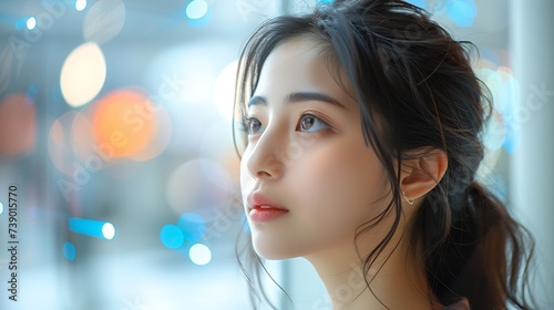 Generative AI : Pictures of beautiful Japanese women in profile. Close-up cut of the upper body against a white background. photo