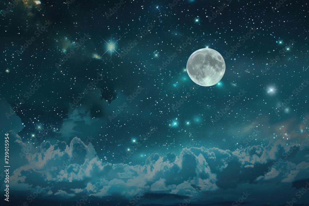 A dark night sky filled with countless stars and a bright moon.
