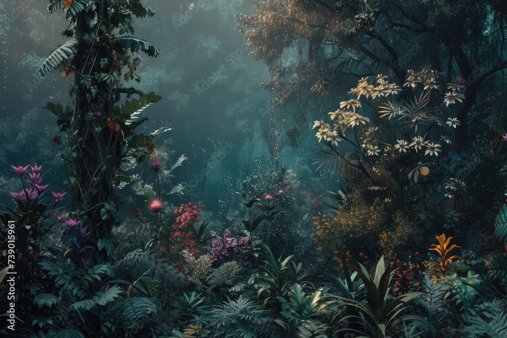 A dense forest teeming with life in intricate 3D detail.