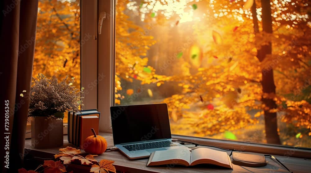 Autumn window ambiance with laptop and book, perfect for cozy study sessions Seamless looping 4k time-lapse virtual video animation background. Generated AI