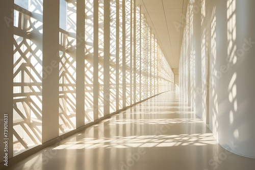 Interior of modern office building, corridor with light and shadows.