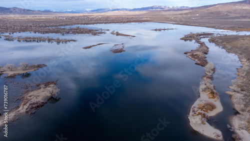 Lahontan reservoir from a drone flight on a cloudy day