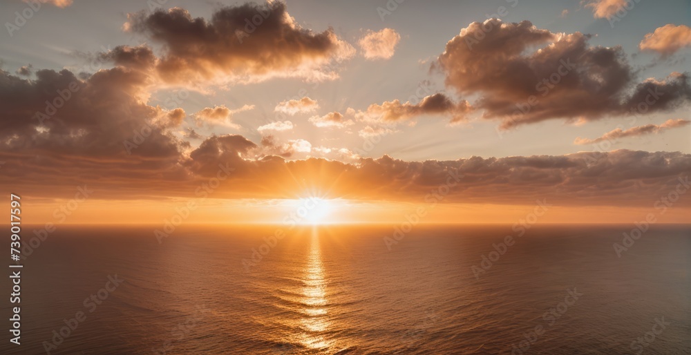 A tranquil sunset over a vast ocean, sea. Generative AI.