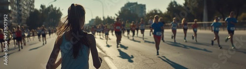 A girl runs a marathon through the city, view from the back