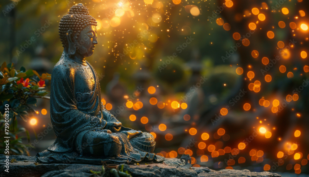 buddha statue in peaceful environment with sparkling lights,generative ai buddha statue in peaceful environment with sparkling lights,generative ai