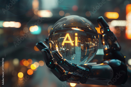 AI inside the glass ball, the robot holds a glass ball in its hand, artificial intelligence development, crystal ball, water ball, humans control ai