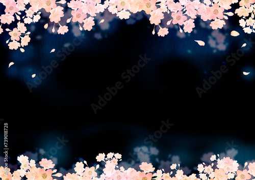 桜 夜桜　背景 フレーム　水彩 イラスト