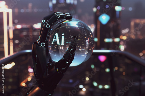 AI inside the glass ball, the robot holds a glass ball in its hand, artificial intelligence development, crystal ball, water ball, humans control ai