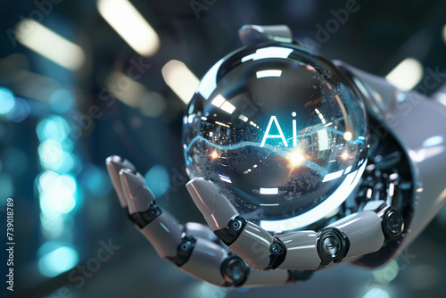 AI inside the glass ball, the robot holds a glass ball in its hand, artificial intelligence development, crystal ball, water ball, humans control ai