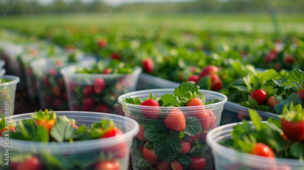 Freshly harvested strawberries in transparent plastic containers on a farm, depicting agriculture, summer harvest, or healthy organic food concepts with space for text