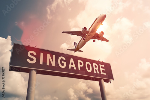 Plane landing with "SINGAPORE" road sign at the foreground, commercial airplane arrival, travel Asia