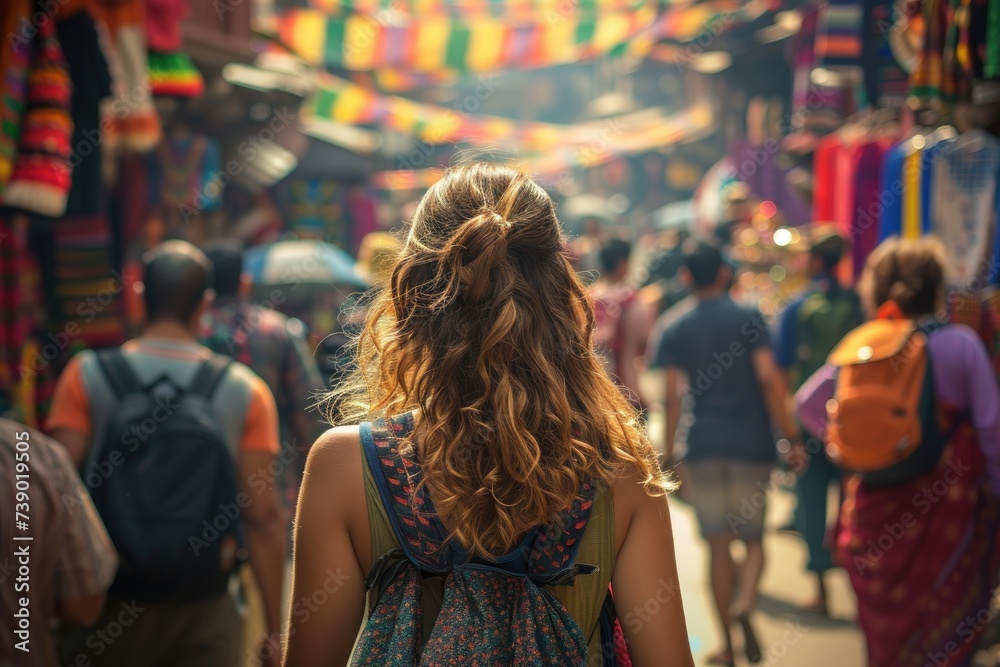 A candid scene portraying a young woman traveler in a busy market street, surrounded by vivid colors and a diverse crowd.