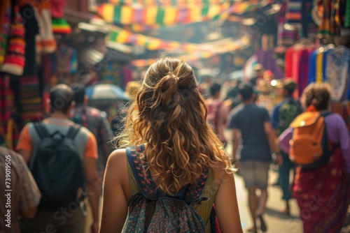A candid scene portraying a young woman traveler in a busy market street, surrounded by vivid colors and a diverse crowd.