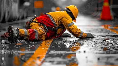 A construction worker experiencing a slip-and-fall accident on a floor at a construction site, generative ai