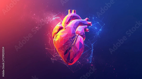 Abstract human heart made of colorful polygons. 3d low poly style design. Geometric background with gradient colors. Wireframe light connection structure. Modern art graphic concept. Vector.