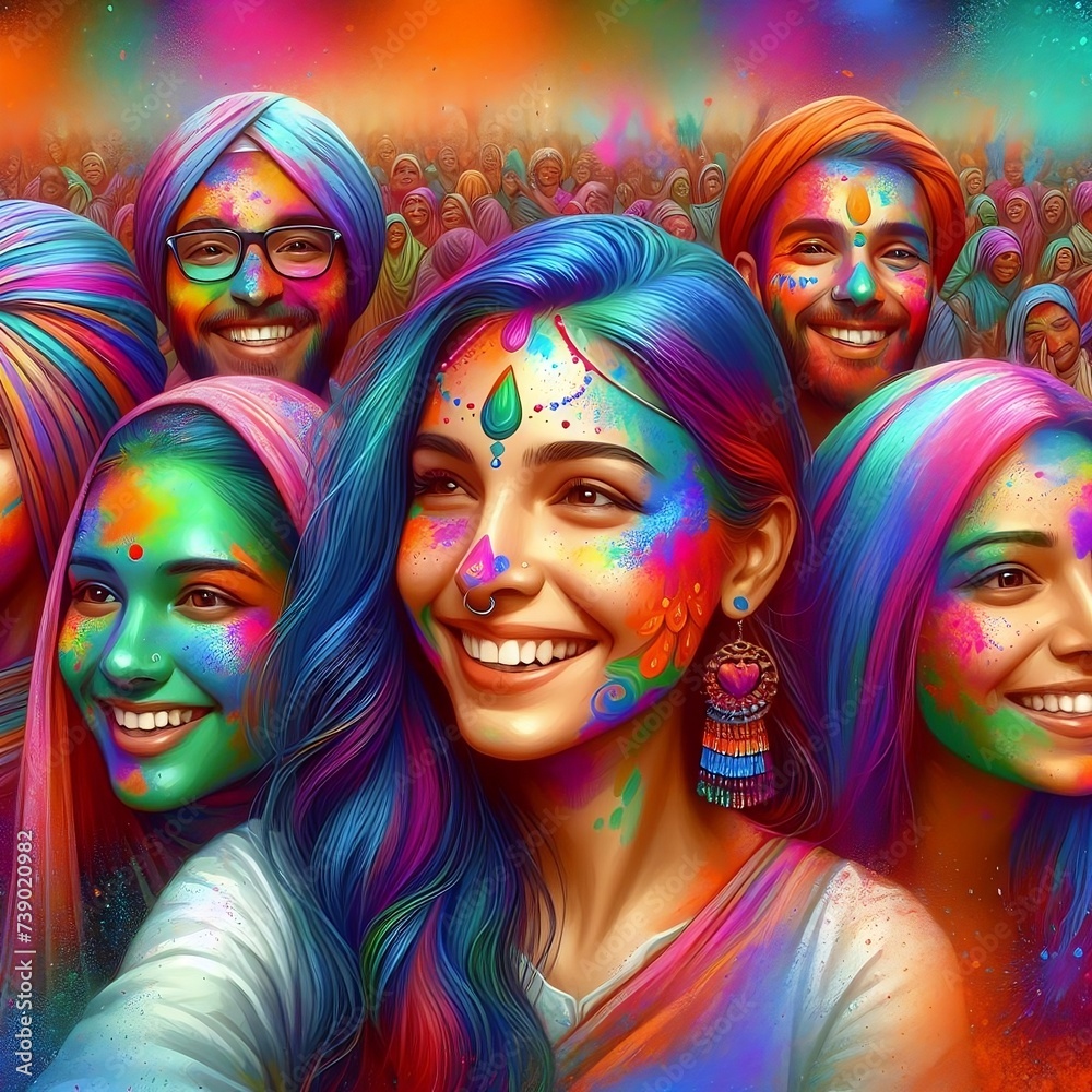 Laughing happy woman celebrating Holi holiday, folk festival of colors in Nepal and India. Symbolizes the arrival of spring, Generative AI Laughing happy woman celebrating Holi holiday, folk festival of colors in Nepal and India. Symbolizes the arrival of spring, Generative AI