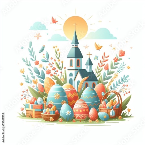 Easter vector illustration of church and easter eggs basket. Wallpaper Easter celebration on a white background with free space created with generative ai